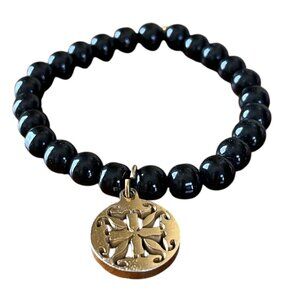 Rustic Cuff Black Glass Beads Gold Logo Bracelet